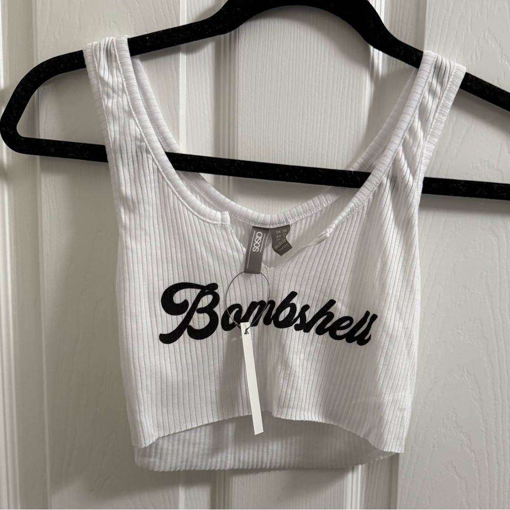 ASOS White Ribbed Crop Top with Black Script